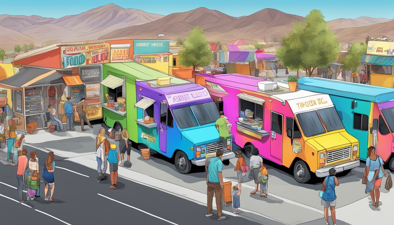 A row of colorful food trucks parked in a designated area, surrounded by customers and vendors, with signs displaying the food truck laws of Spring Valley, Nevada