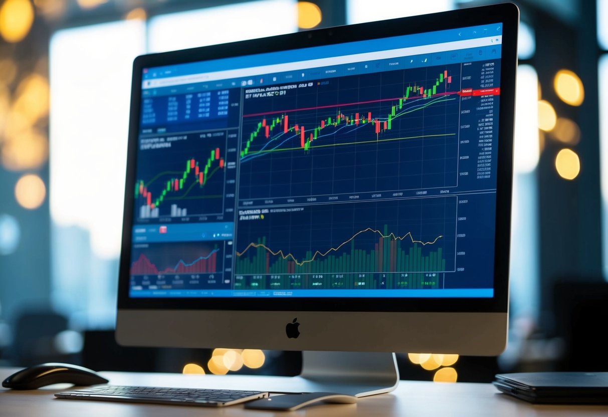 A computer screen displaying the XM MT4 trading platform with multiple financial charts and data displayed