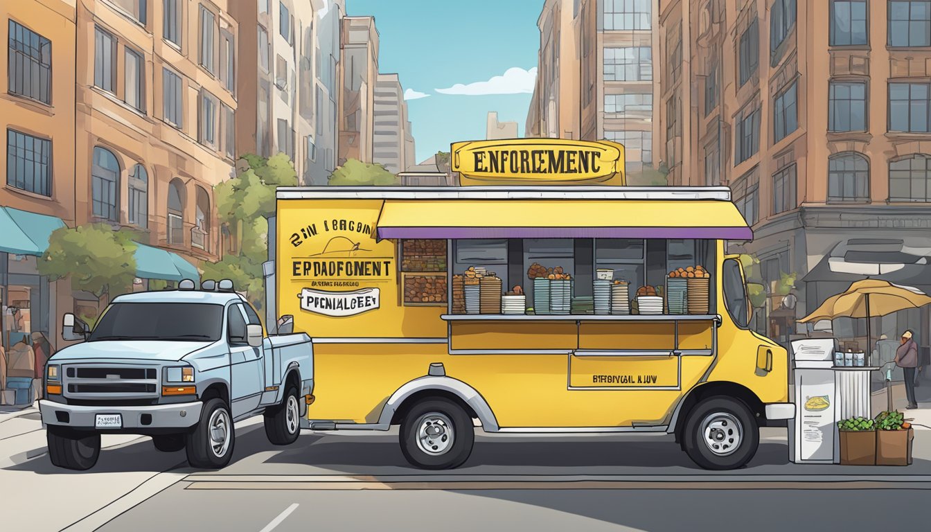 A food truck parked on a city street, with a sign displaying "Enforcement and Penalties" food truck laws, surrounded by official-looking vehicles