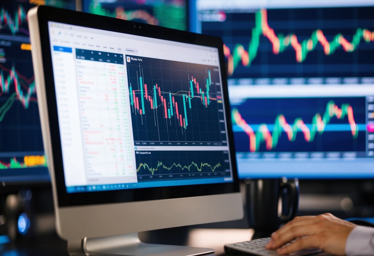 A computer screen with XM MT4 platform open, surrounded by financial charts and graphs