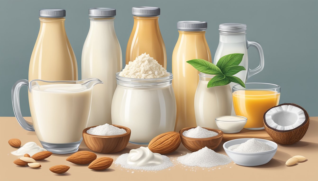 A kitchen counter with various lactose-free cream alternatives, including Nut Pods Unsweetened Creamer, coconut milk, and almond milk, alongside cooking ingredients