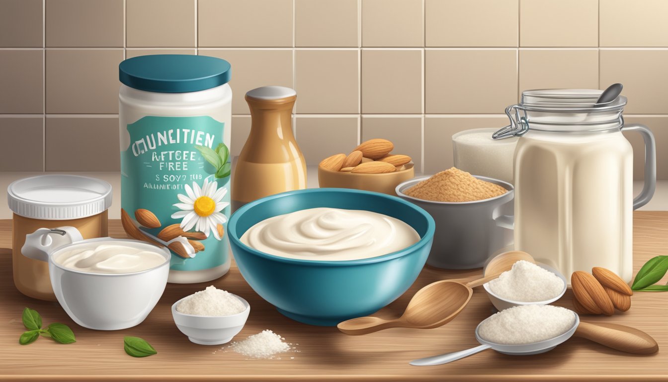 A kitchen scene with various dairy-free cream alternatives (soy, almond, coconut) next to a pot and cooking utensils