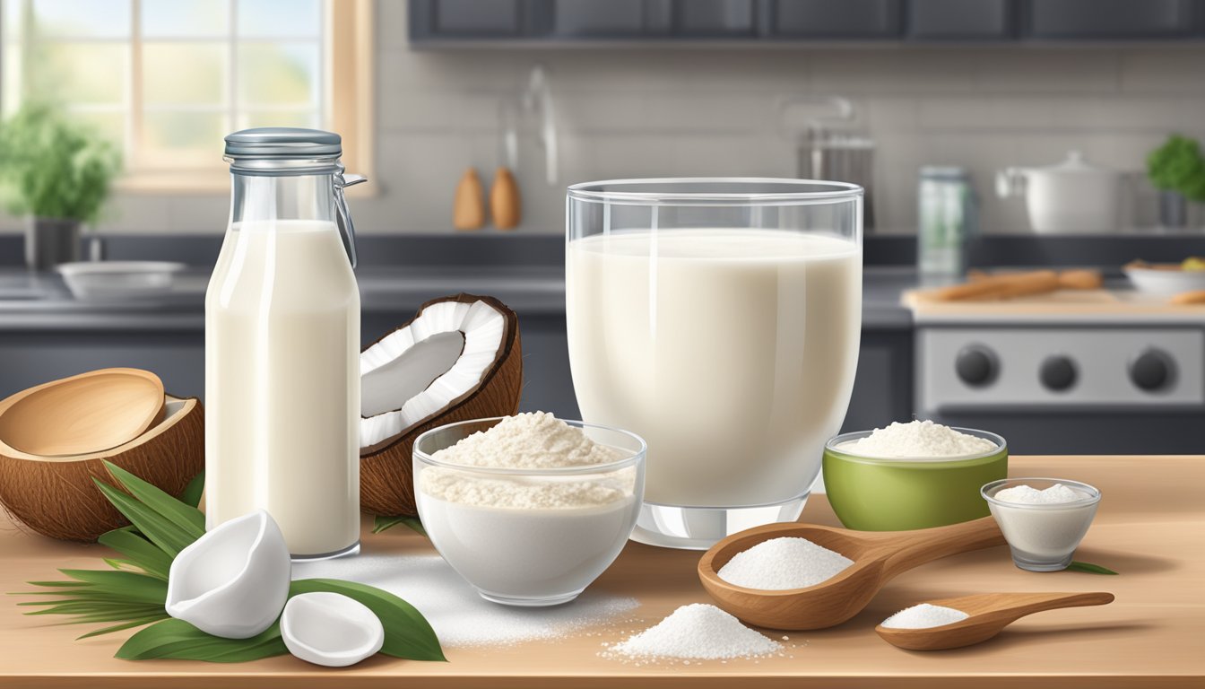 A kitchen counter with a variety of lactose-free cream alternatives, such as coconut milk, almond milk, and soy milk, alongside cooking utensils and ingredients