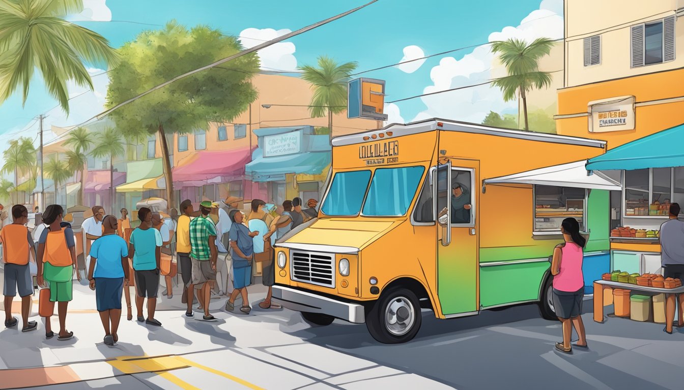 A food truck parked on a bustling street in Hialeah, Florida, with customers lined up and a city official inspecting the truck for compliance with local food truck laws