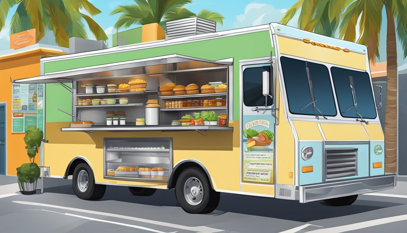 A food truck parked in Hialeah, Florida, with a clean, organized interior and a prominent display of food safety and sanitation certifications