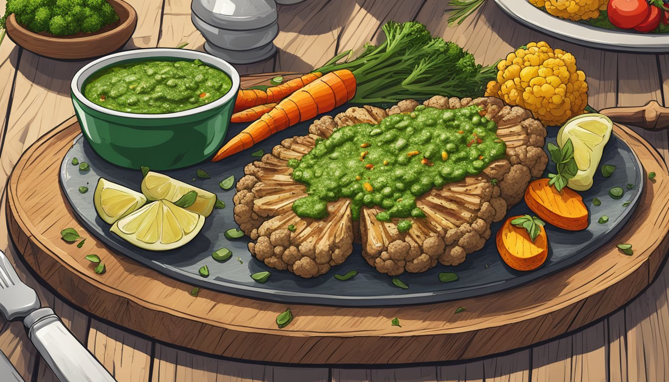 A sizzling cauliflower steak topped with vibrant green chimichurri sauce, surrounded by colorful roasted vegetables on a rustic wooden platter