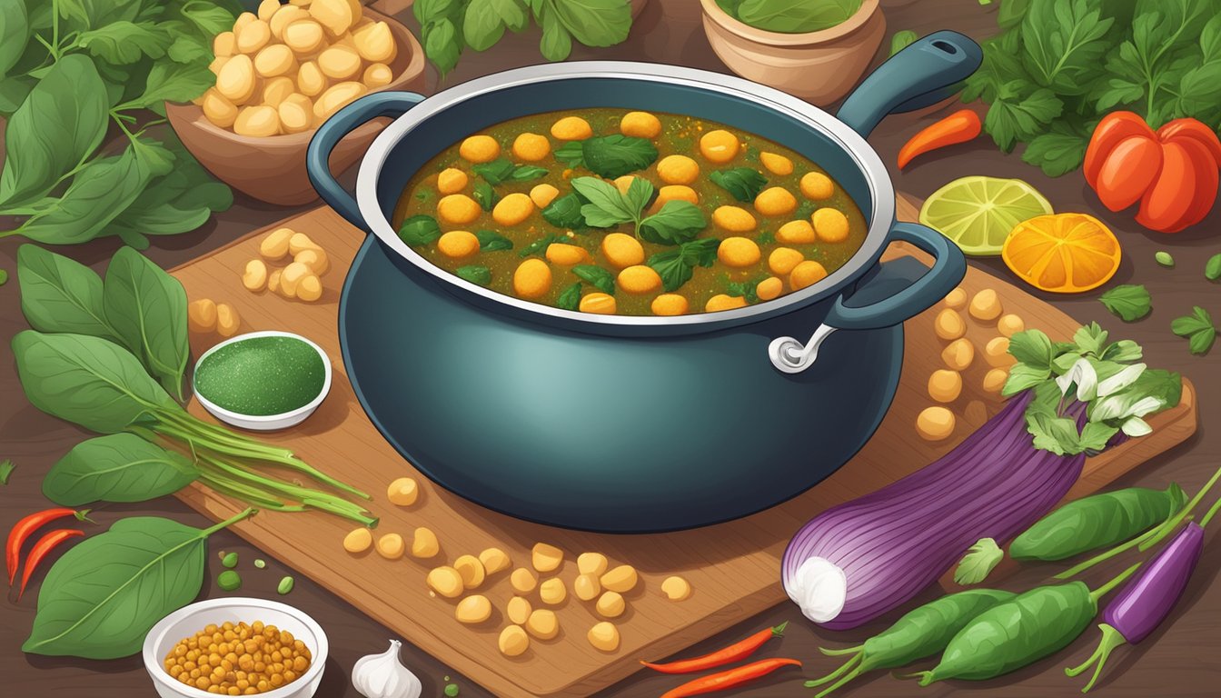 A simmering pot of chickpea and spinach curry surrounded by colorful spices and herbs