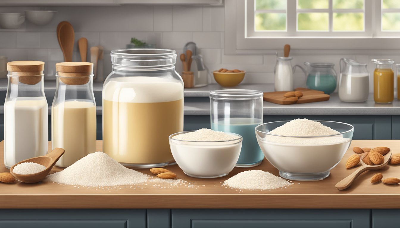 A kitchen scene with soy milk, almond flour, and coconut oil on a countertop, surrounded by measuring cups and spoons