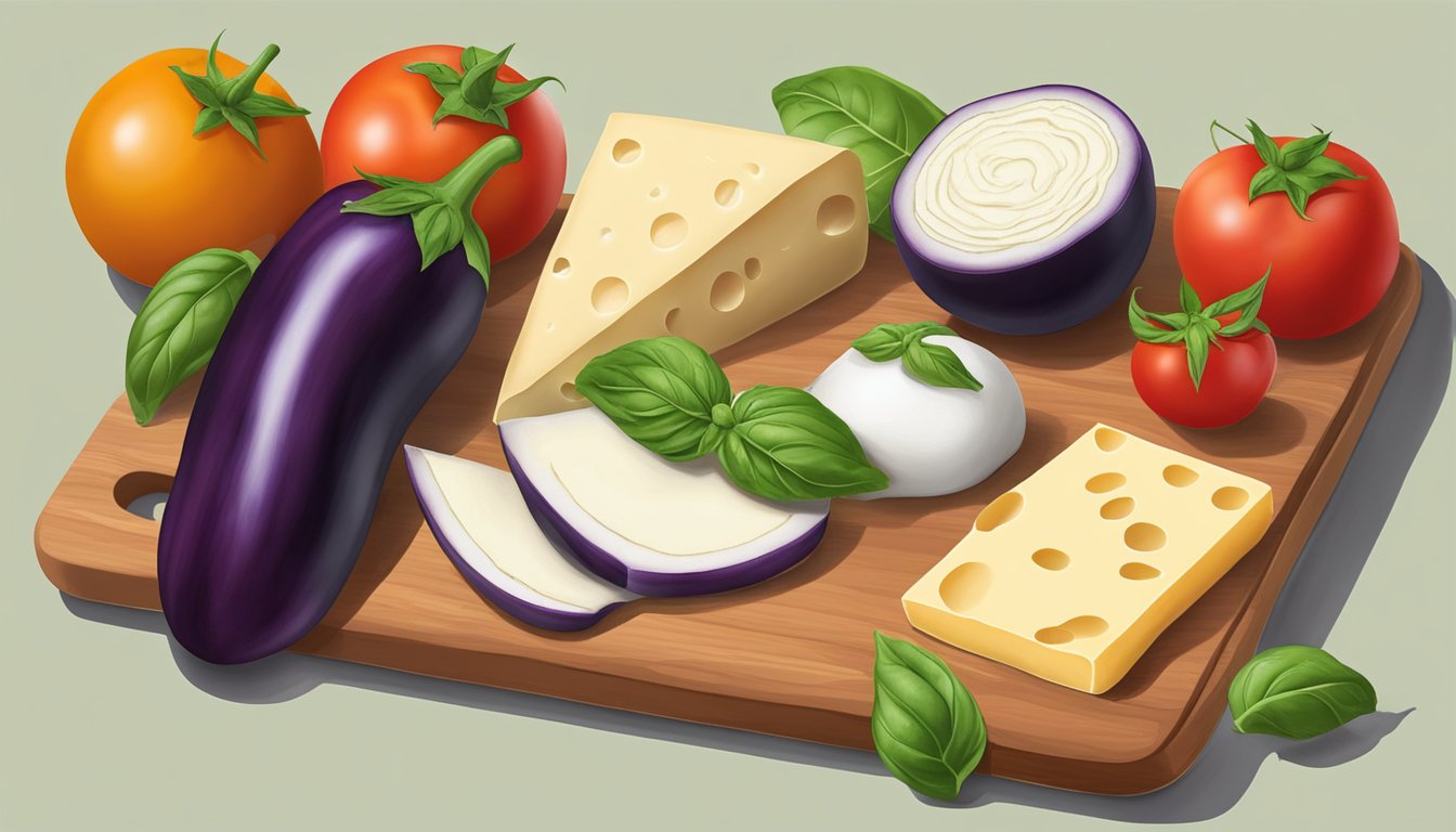 A colorful array of fresh eggplants, tomatoes, basil, and dairy-free cheese arranged on a cutting board