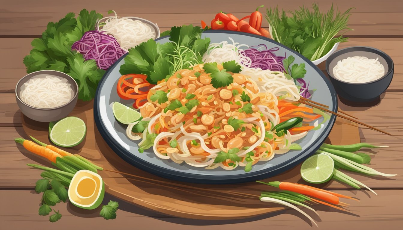 A steaming plate of Pad Thai with rice noodles surrounded by colorful, fresh vegetables and herbs, set on a rustic wooden table