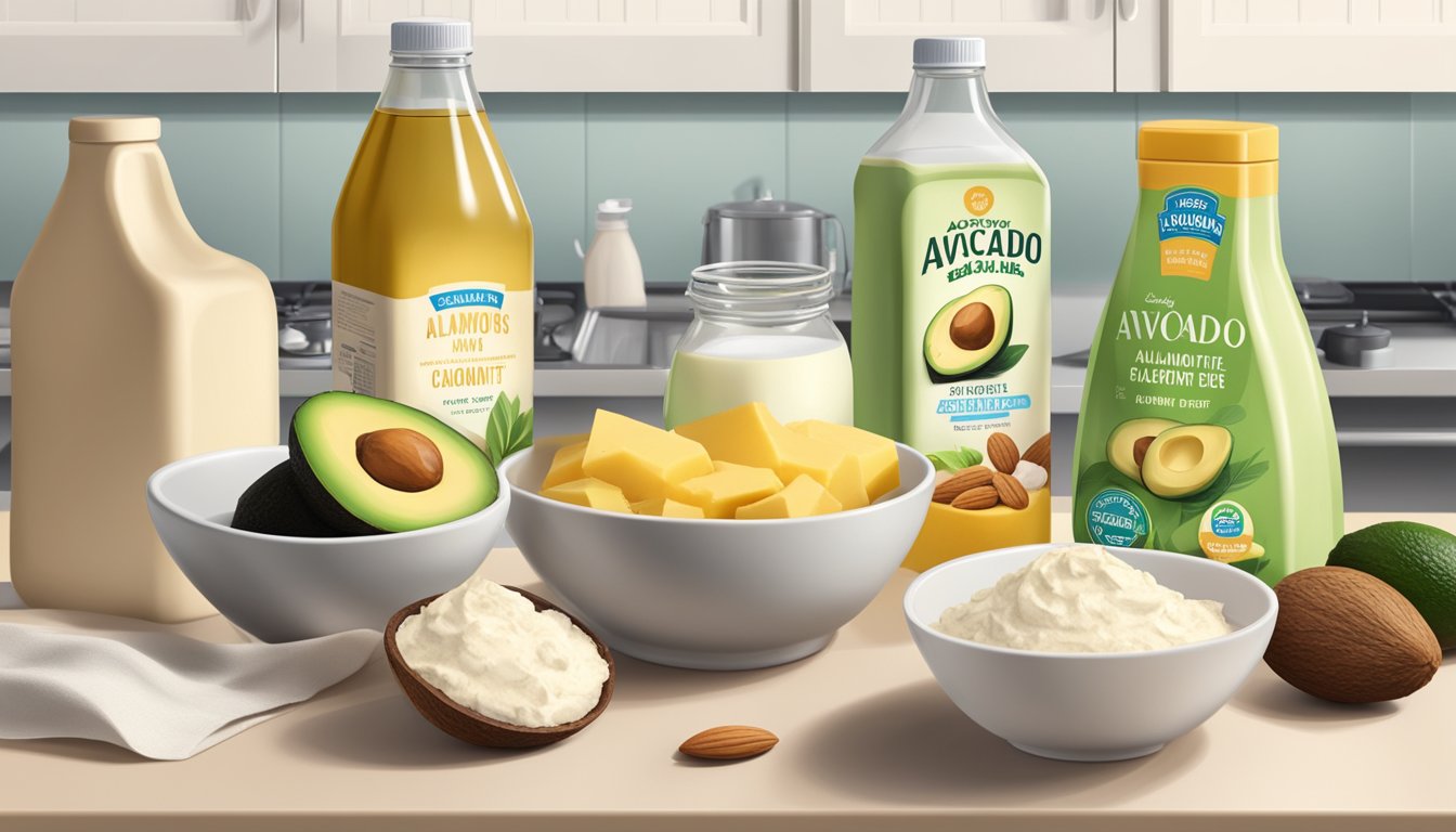 A kitchen counter with a bottle of avocado oil and various lactose-free baking substitutes such as almond milk, coconut milk, and dairy-free butter