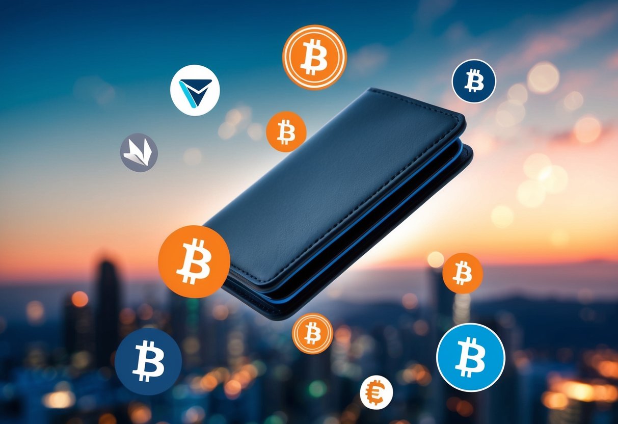 A sleek and modern digital wallet with various cryptocurrency logos floating around it