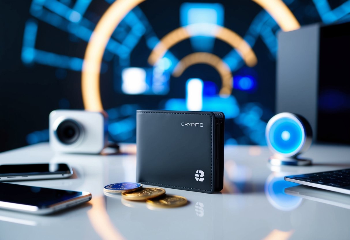 A sleek, modern crypto wallet sits on a clean, minimalist desk, surrounded by high-tech gadgets and a futuristic backdrop