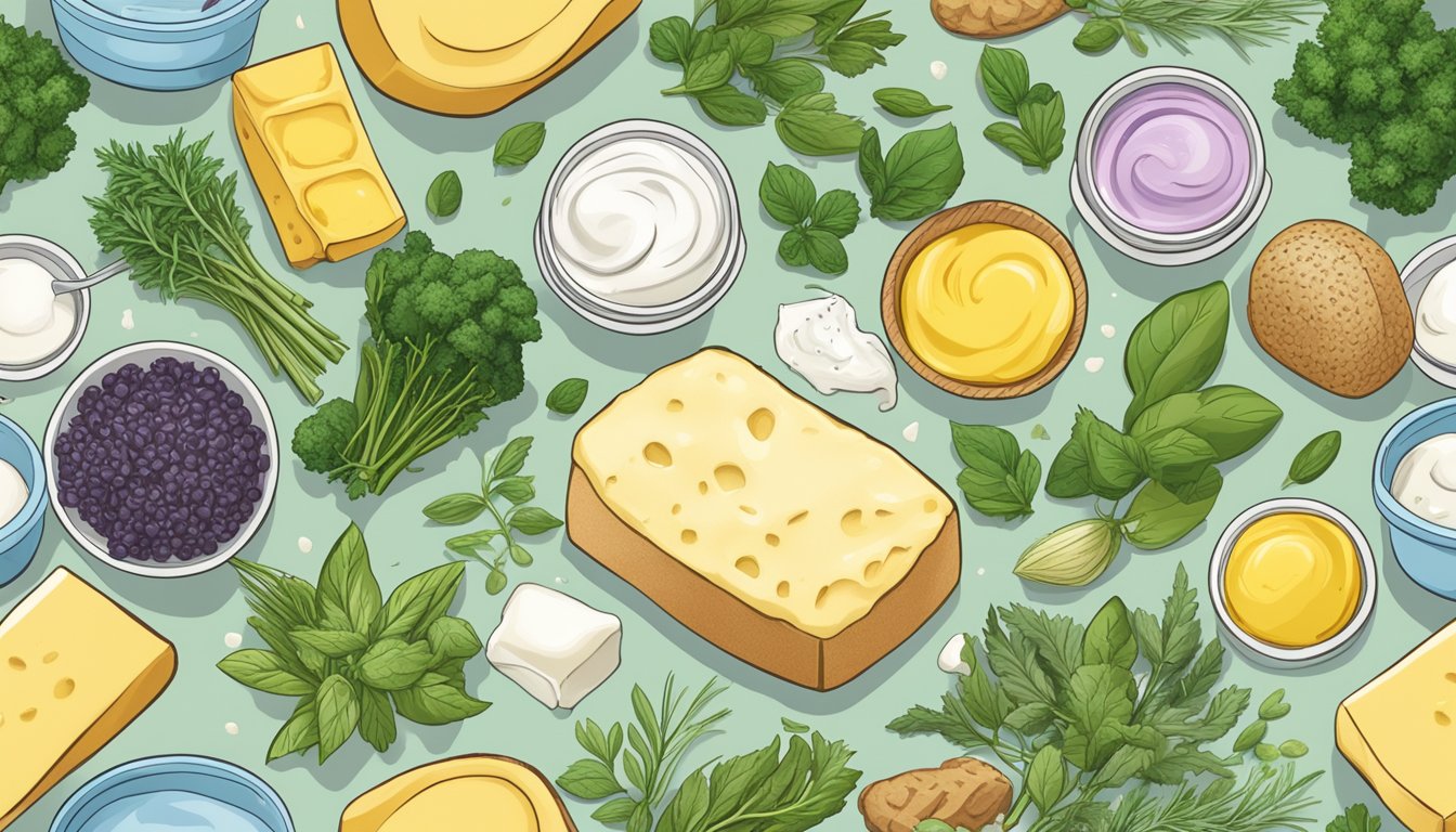 A colorful array of lactose-free butter alternatives, including Melt Organic Probiotic Butter, surrounded by fresh herbs and dairy-free ingredients