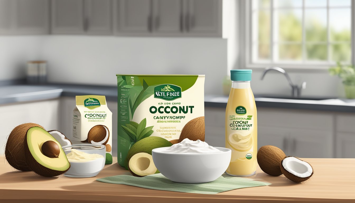 A serene kitchen counter with a bowl of ripe coconuts, a can of Nature's Charm Coconut Whipping Cream, and a variety of dairy-free butter alternatives like avocado and olive oil