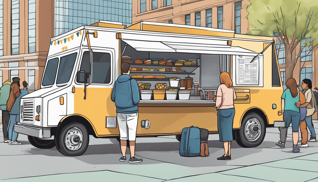 A food truck parked outside city hall, with a line of people waiting to submit permits and licenses. City officials review paperwork