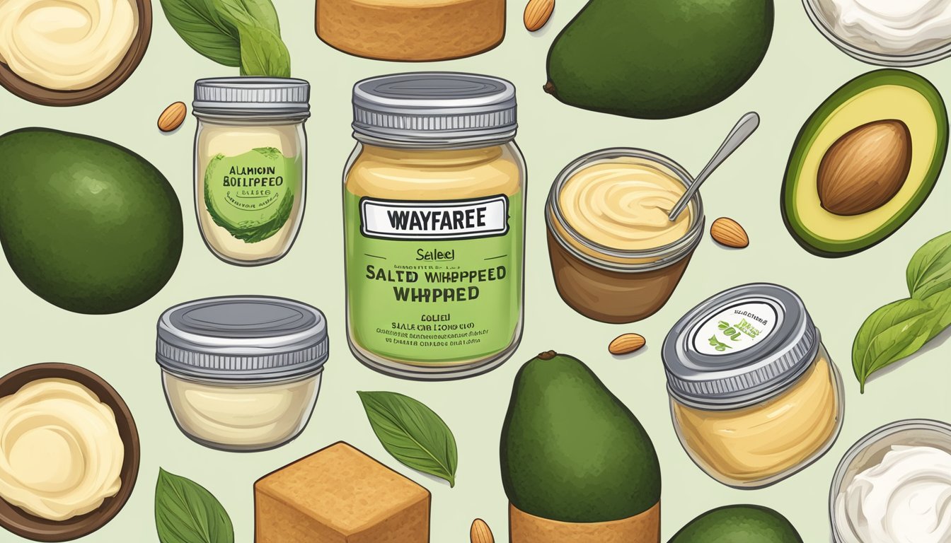 A jar of WayFare Salted Whipped Butter surrounded by dairy-free alternatives like avocado spread, coconut oil, and almond butter