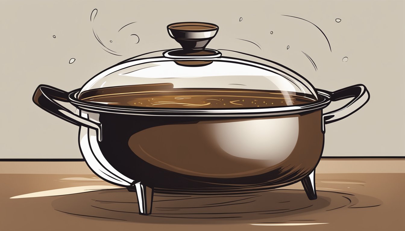 A pot simmering on a stove, filled with a rich, dark brown gravy made from plant-based ingredients. Steam rising from the pot