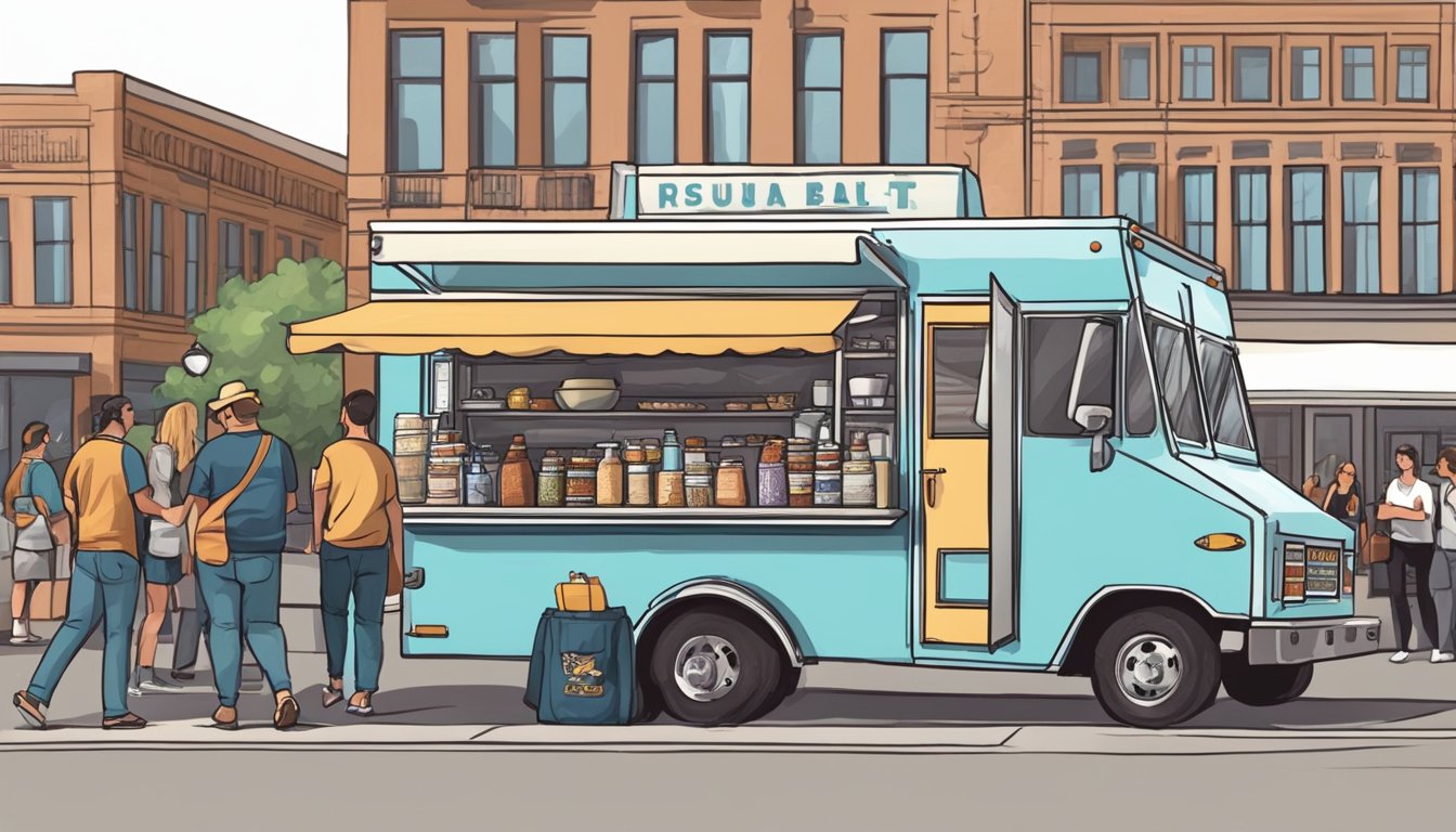 A food truck parked on a bustling street, surrounded by customers and adhering to Sioux Falls, South Dakota's food truck laws