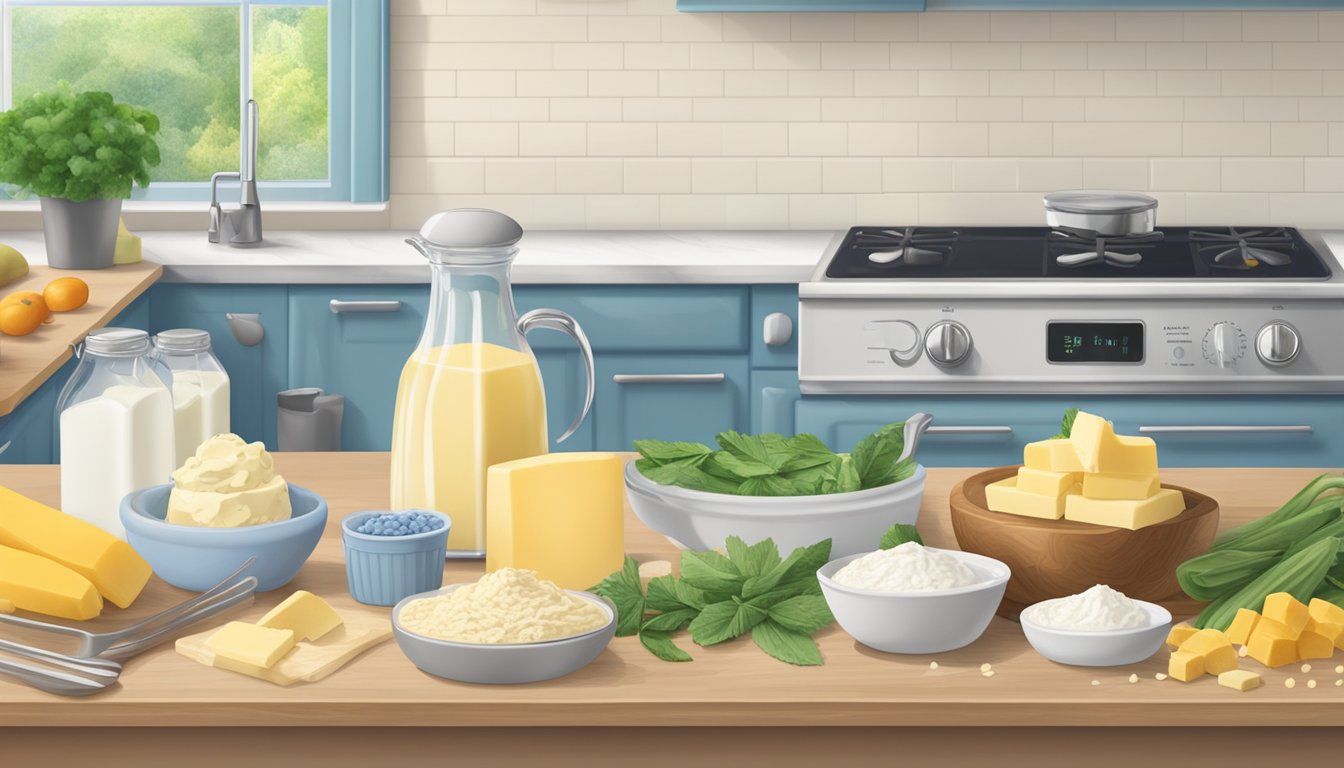 A kitchen counter with a variety of dairy-free butter alternatives, including Blue Bonnet Lactose-Free Sticks, surrounded by fresh ingredients and cooking utensils