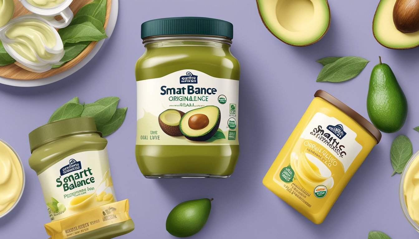 A jar of Smart Balance Original Flavored Spread surrounded by dairy-free butter alternatives like avocado, coconut oil, and olive oil on a kitchen counter