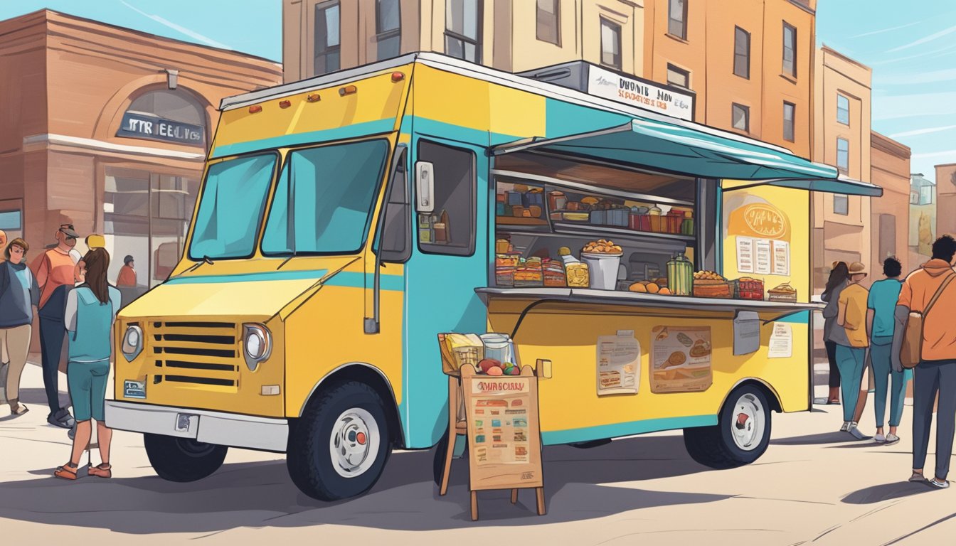 A food truck parked on a bustling street in Sioux Falls, South Dakota, with a line of customers eagerly waiting to order. The sun is shining, and the truck is adorned with colorful signage advertising its menu