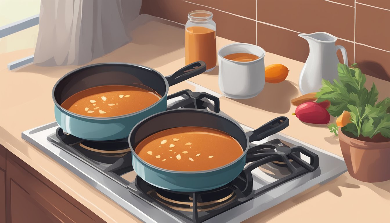 A pot simmering on a stovetop, filled with a rich, reddish-brown smoked paprika gravy. Ingredients like almond milk and gluten-free flour scattered nearby