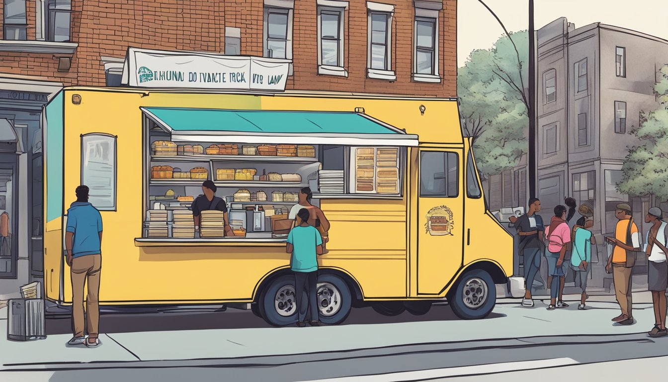 A food truck parked on a city street, with a sign displaying "Richmond, Virginia Food Truck Laws" and a group of people reading the regulations