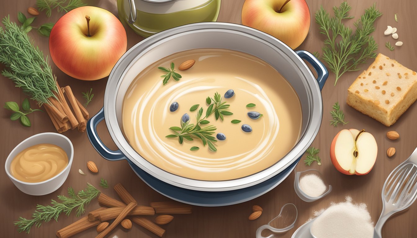 A pot simmering with thyme and apple cider gravy, surrounded by lactose-free ingredients like almond milk and gluten-free flour