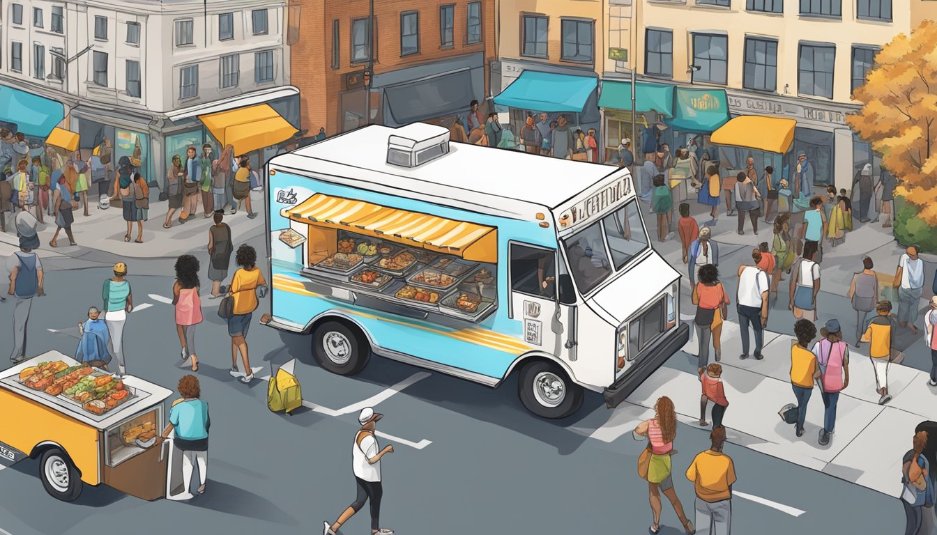 A food truck parked on a city street, surrounded by bustling crowds and lined with signage displaying various food truck laws and regulations specific to Richmond, Virginia