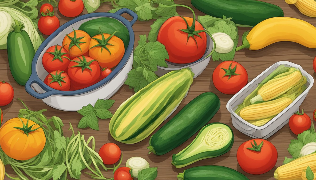 A colorful array of fresh zucchinis, tomatoes, and herbs arranged on a cutting board, with a spiralizer and casserole dish nearby