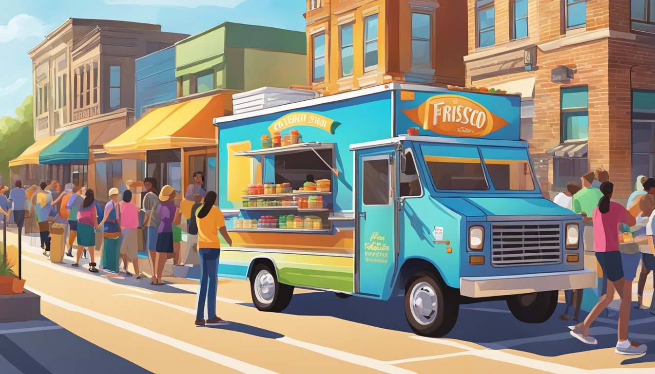 A colorful food truck parked on a bustling street in Frisco, Texas, with a line of customers waiting to order. The sun is shining, and the surrounding buildings display the city's vibrant energy