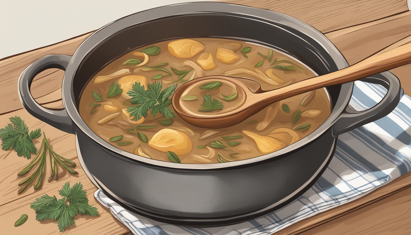 A pot simmering with caramelized onions, herbs, and dairy-free broth. A wooden spoon stirs the thickening gravy