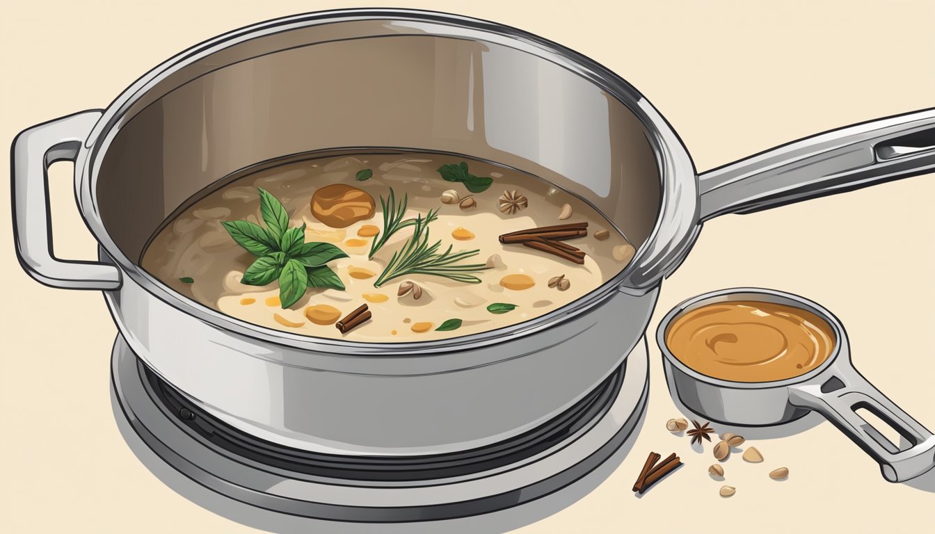 A pot simmering on a stovetop, filled with a creamy, smooth gravy made from lactose-free ingredients. A whisk and various spices are scattered nearby