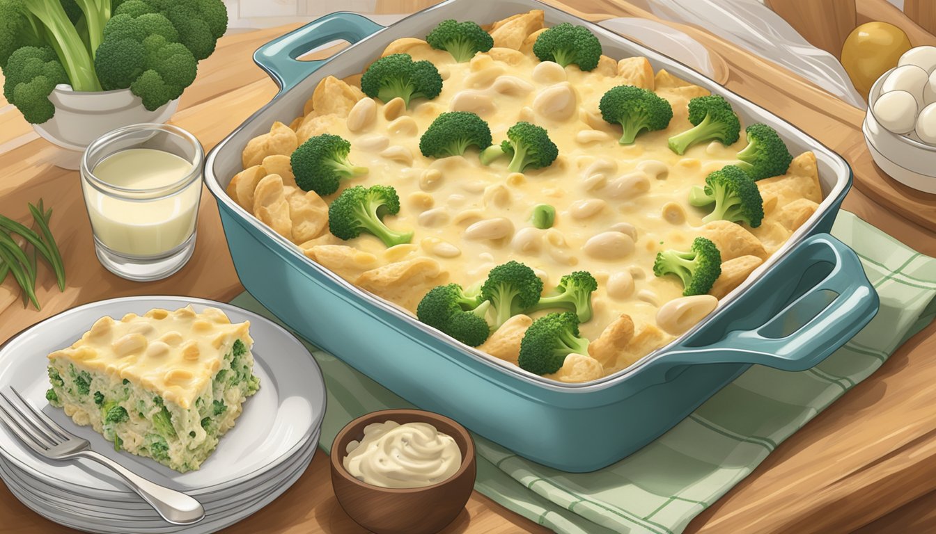 A baking dish filled with lactose-free Chicken and Broccoli Alfredo Bake, surrounded by fresh ingredients and a warm, inviting kitchen backdrop