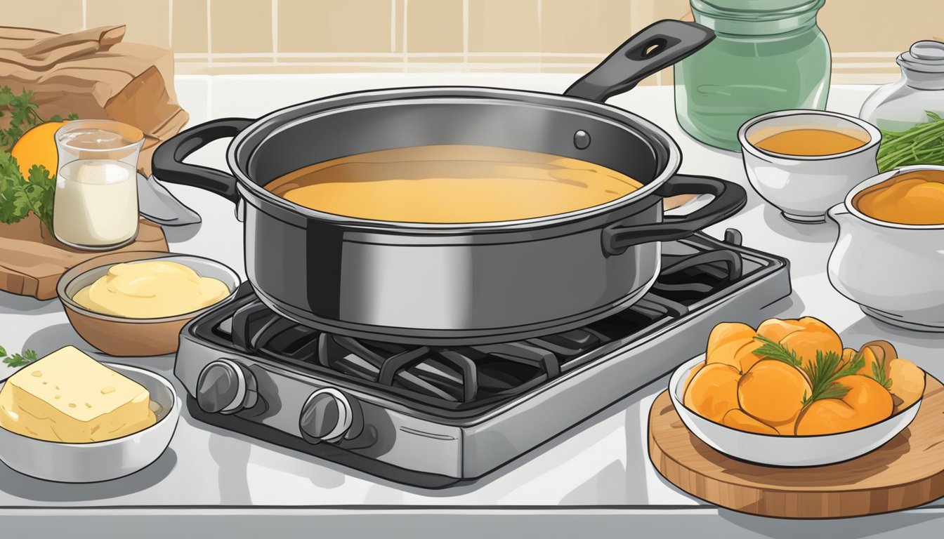 A pot of lactose-free gravy simmering on a stovetop, surrounded by ingredients like dairy-free butter, gluten-free flour, and vegetable broth