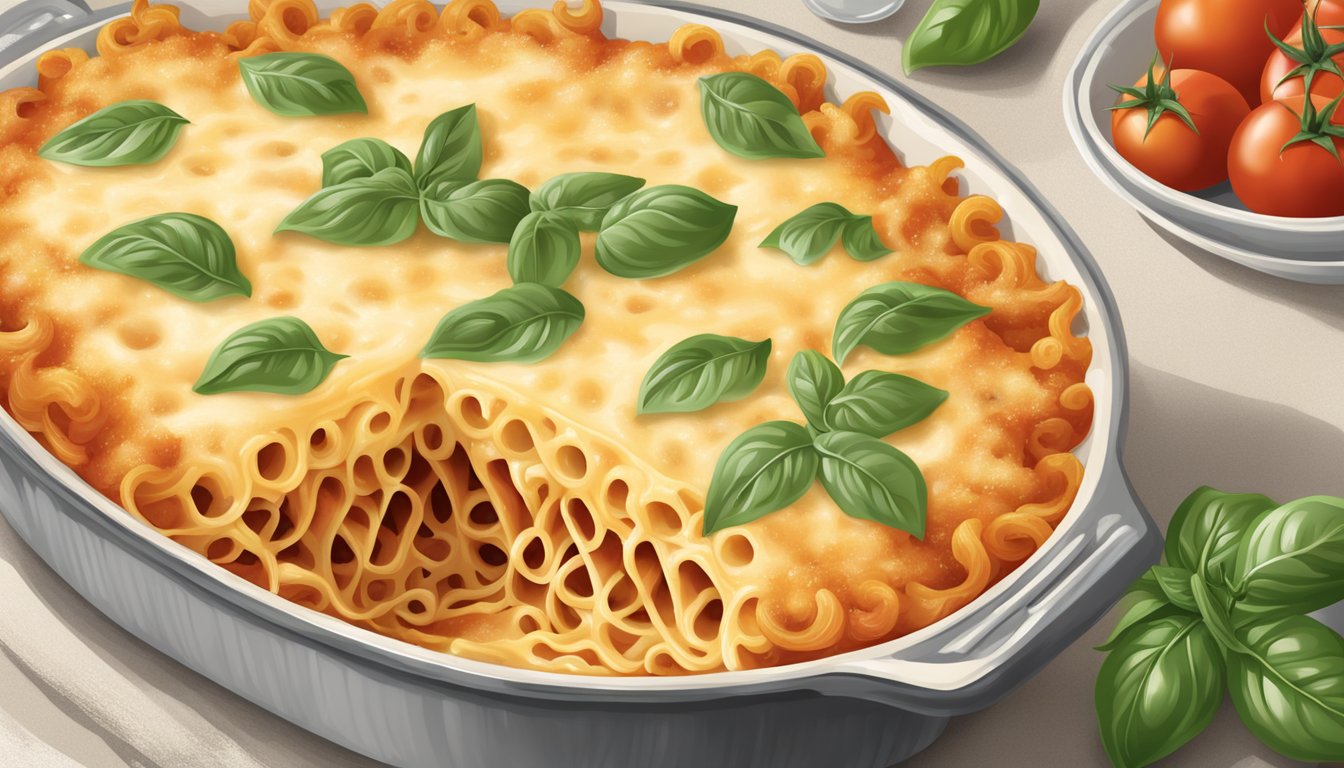 A bubbling casserole dish filled with creamy tomato basil pasta bake, topped with a golden, lactose-free cheese crust