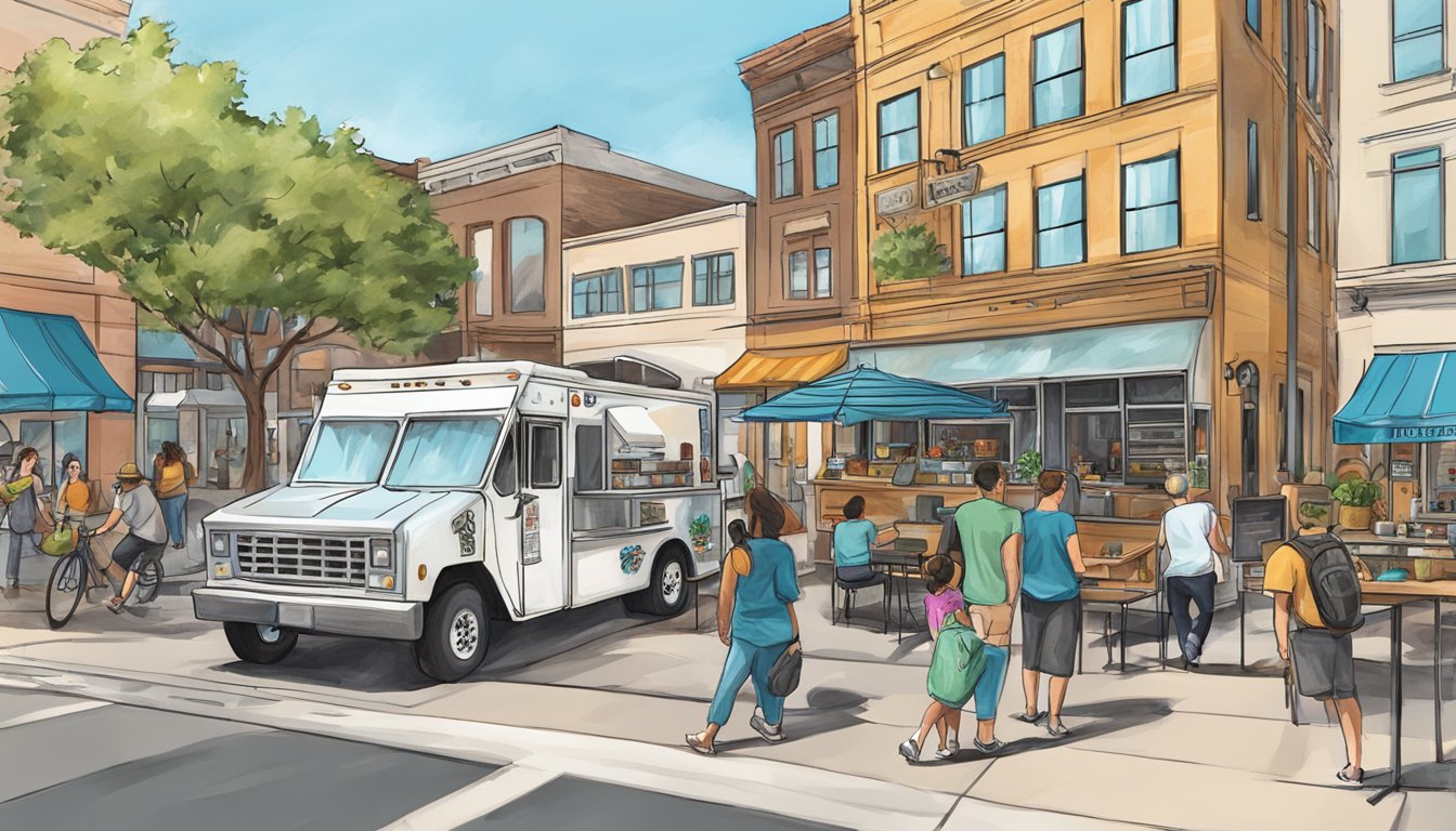 A bustling food truck surrounded by other establishments in downtown Frisco, Texas. The truck is serving customers while complying with local food truck laws