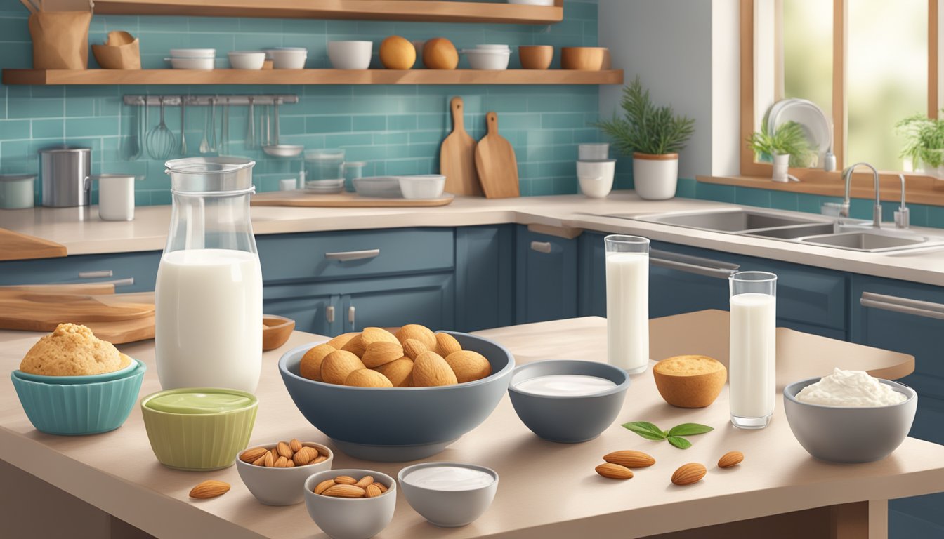 A kitchen counter with various lactose-free ingredients like almond milk, coconut oil, and dairy-free yogurt, surrounded by mixing bowls and muffin tins