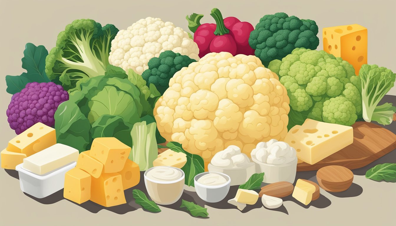 A colorful array of fresh cauliflower, dairy-free cheese, and various lactose-free ingredients spread out on a kitchen counter, ready to be used in a delicious casserole recipe