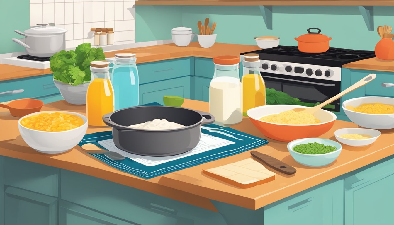 A colorful kitchen counter with various lactose-free ingredients and cooking utensils, alongside a cookbook open to casserole recipes