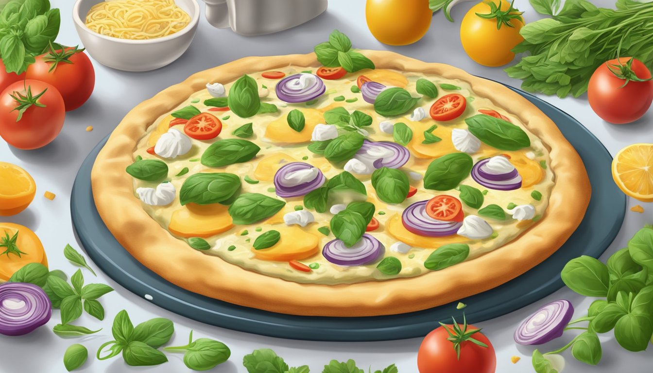 A chef sprinkles dairy-free cheese and fresh herbs on a colorful pizza crust