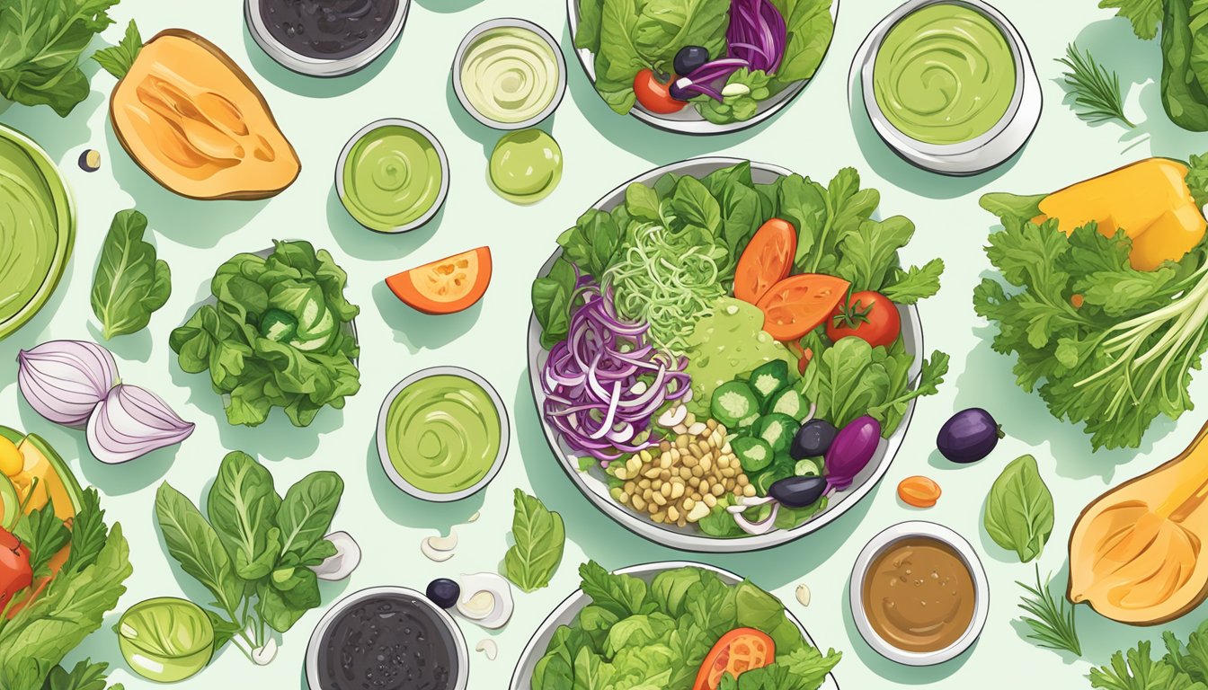 A vibrant salad bowl surrounded by various lactose-free salad dressings, including Primal Kitchen Green Goddess Dressing