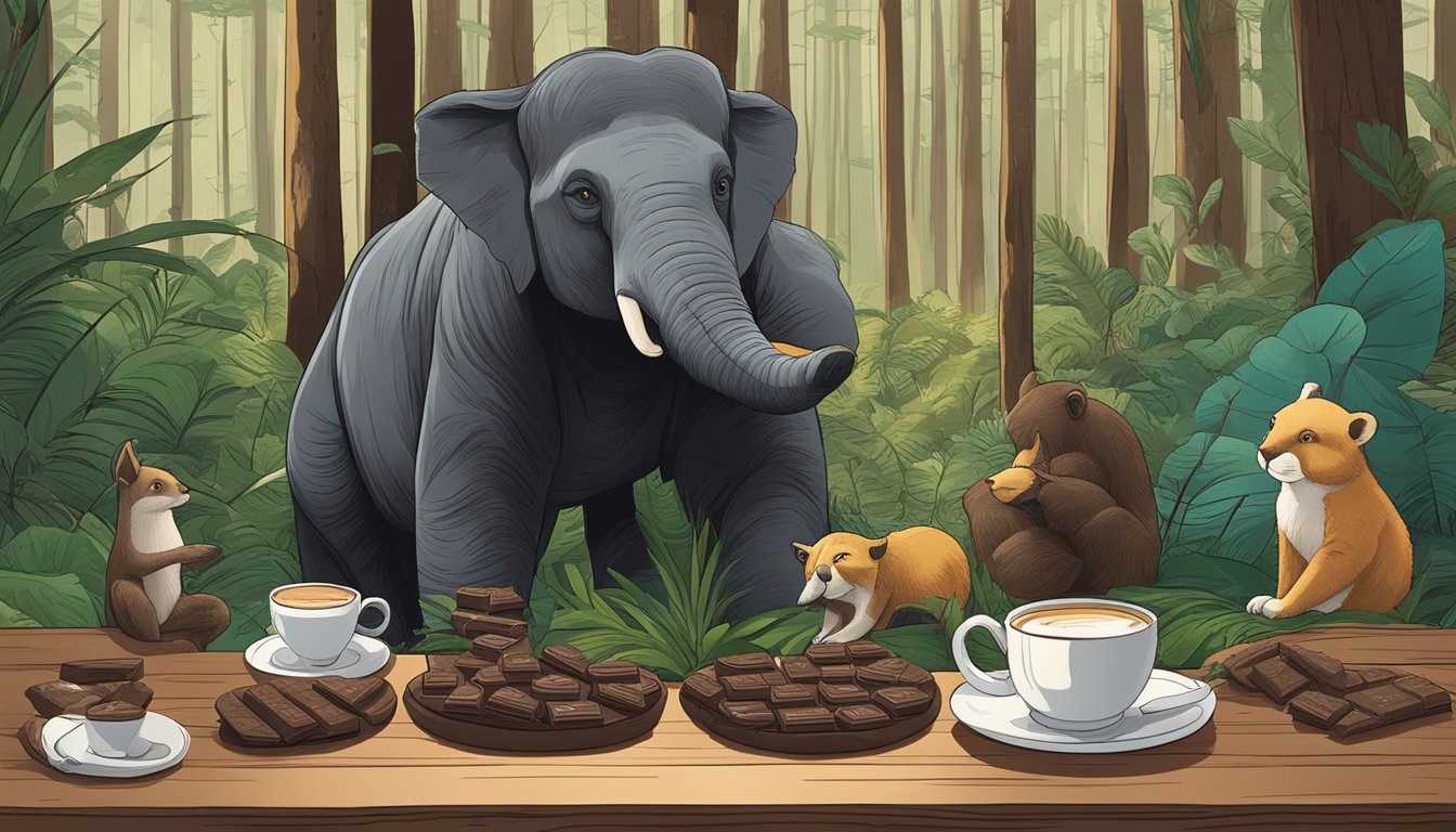 A lush forest clearing with a family of endangered species enjoying natural dark chocolate. Nearby, lactose-free chocolate options are displayed on a wooden table