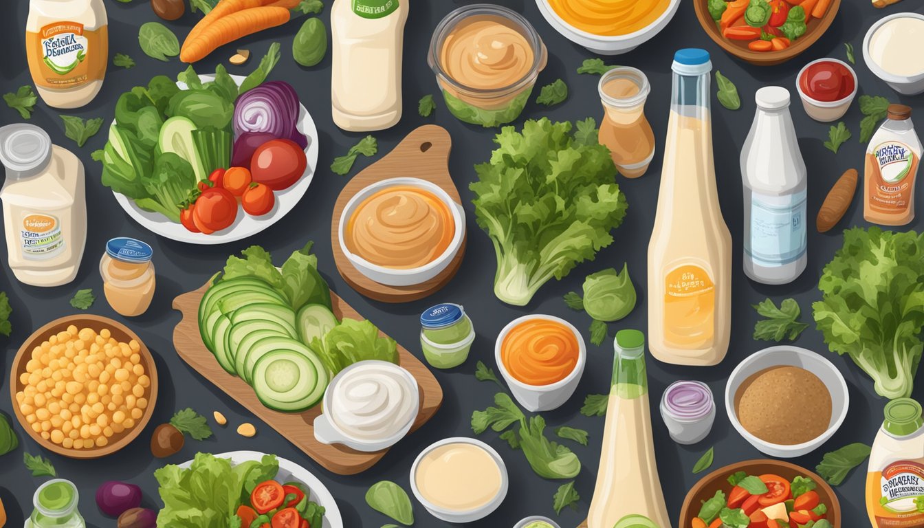 A colorful array of fresh vegetables surrounded by bottles of lactose-free salad dressings, including Chosen Foods Chipotle Ranch