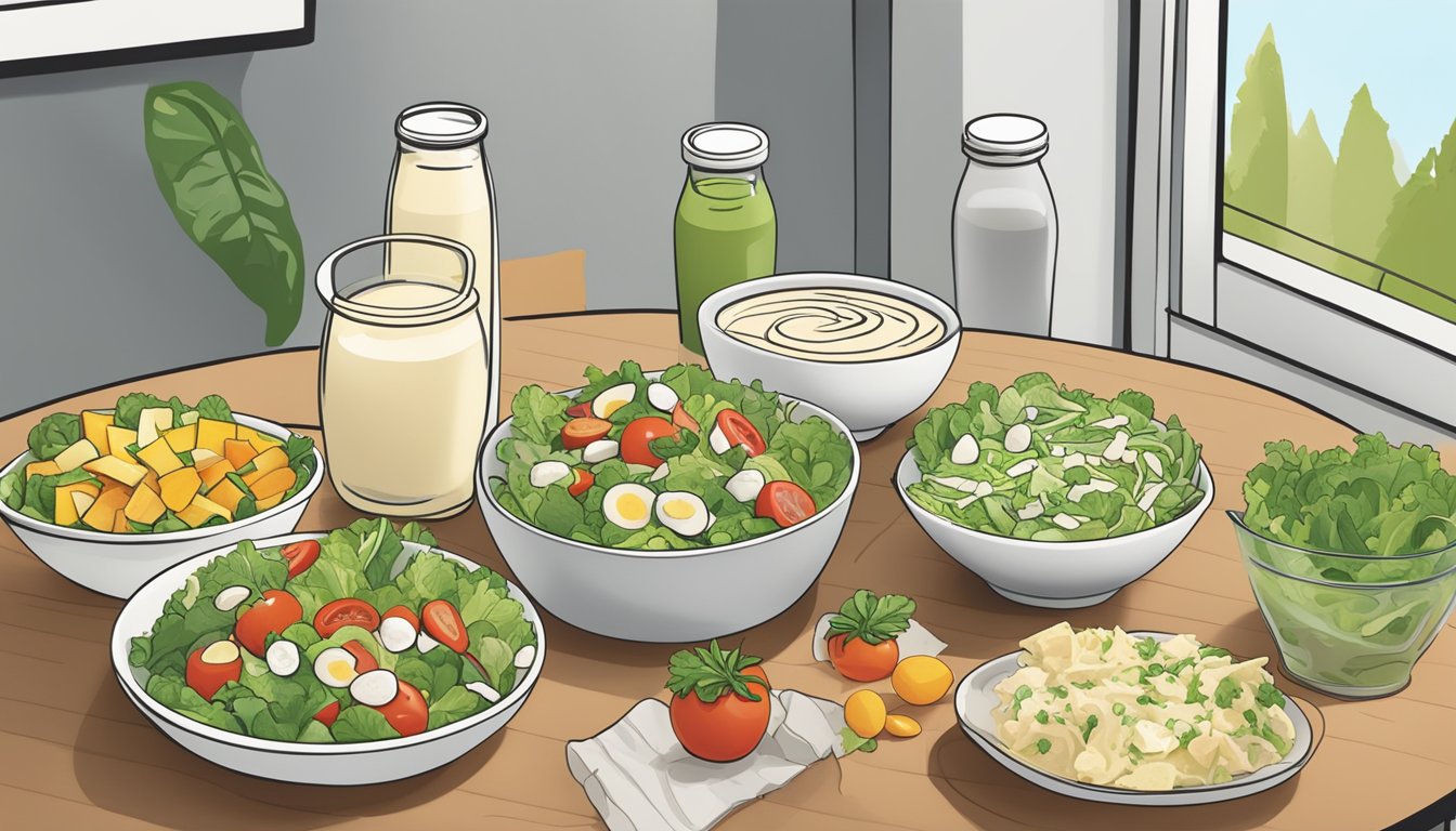 A colorful salad with a bottle of Daiya Creamy Caesar Dressing next to other lactose-free salad dressing options on a table