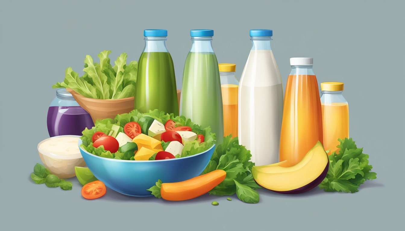 A colorful salad bowl with various lactose-free dressing bottles beside it