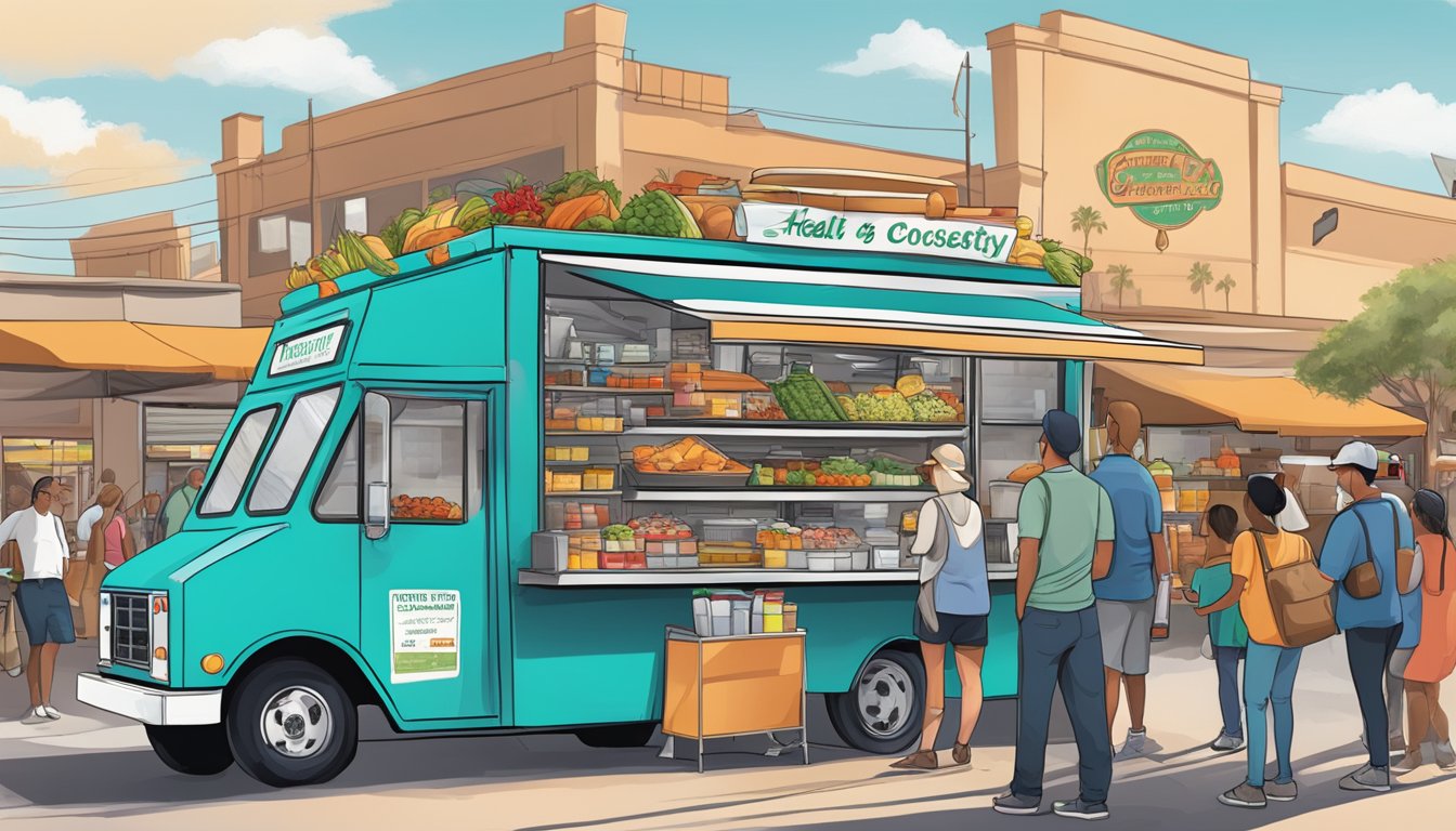 A food truck parked at a bustling market, displaying health and safety compliance signs in Scottsdale, Arizona