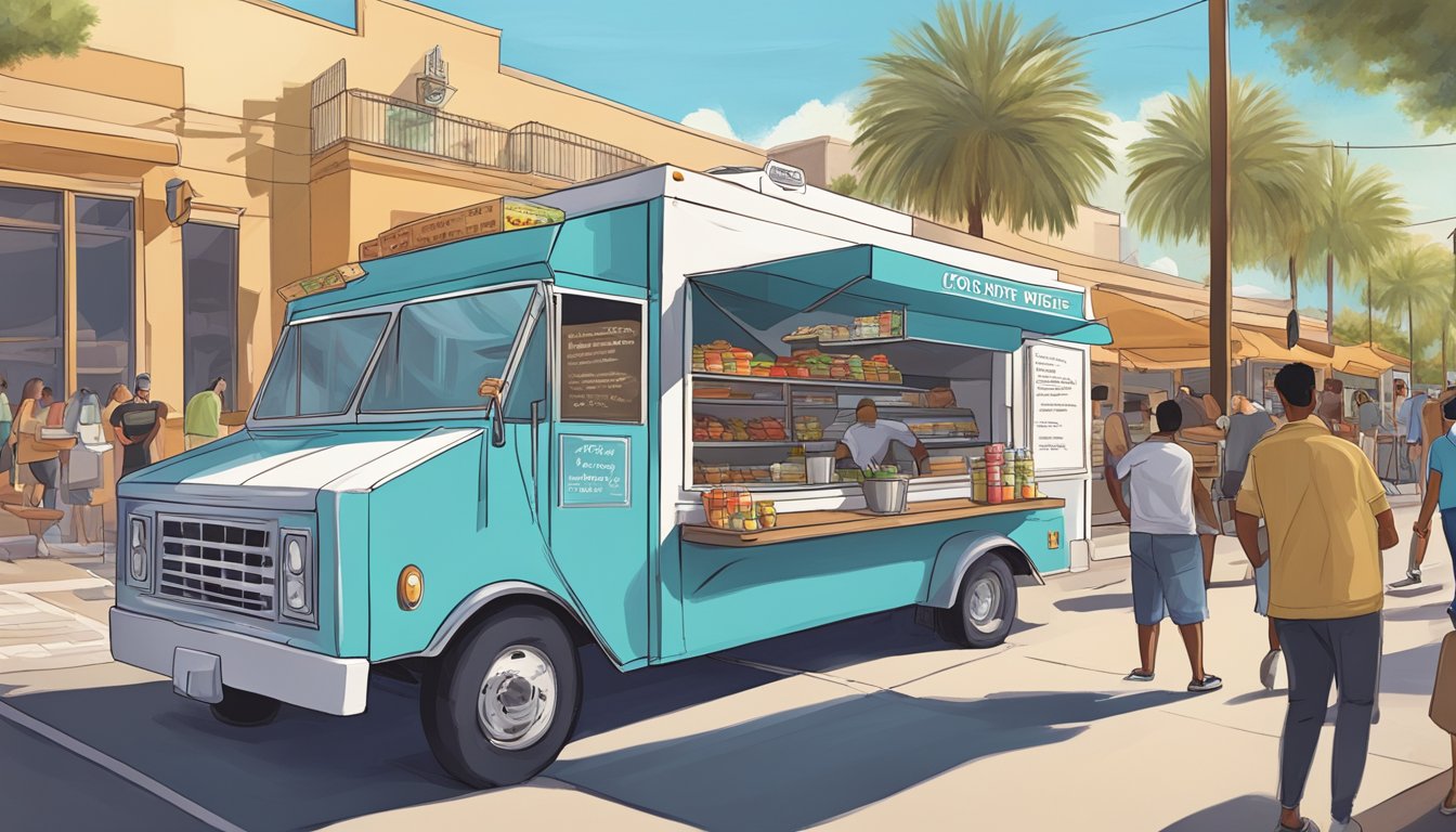 A food truck parked on a busy street in Scottsdale, Arizona, with a line of customers waiting to order. The truck displays a menu and complies with local laws