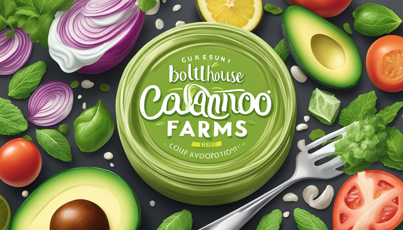 A vibrant green bottle of Bolthouse Farms Cilantro Avocado Yogurt Dressing surrounded by colorful, fresh salad ingredients